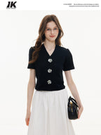 ikyou Soft Stretch Cotton V-neck Slim 3D Commuter Women T Shirt Basic Crop Tops