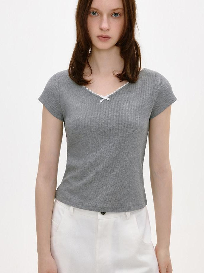fano Soft V-neck Stretch Slim Fit Korean Office Short Sleeve Grey Basic Crop Tops