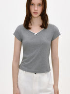 fano Soft V-neck Stretch Slim Fit Korean Office Short Sleeve Grey Basic Crop Tops
