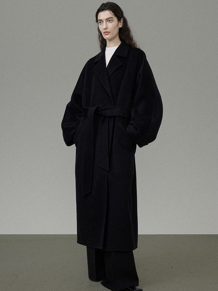 unspoken 100 Percent Wool Minimal Straight Long Tie Office Women Black Wool Coats