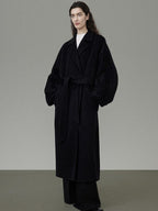 unspoken 100 Percent Wool Minimal Straight Long Tie Office Women Black Wool Coats
