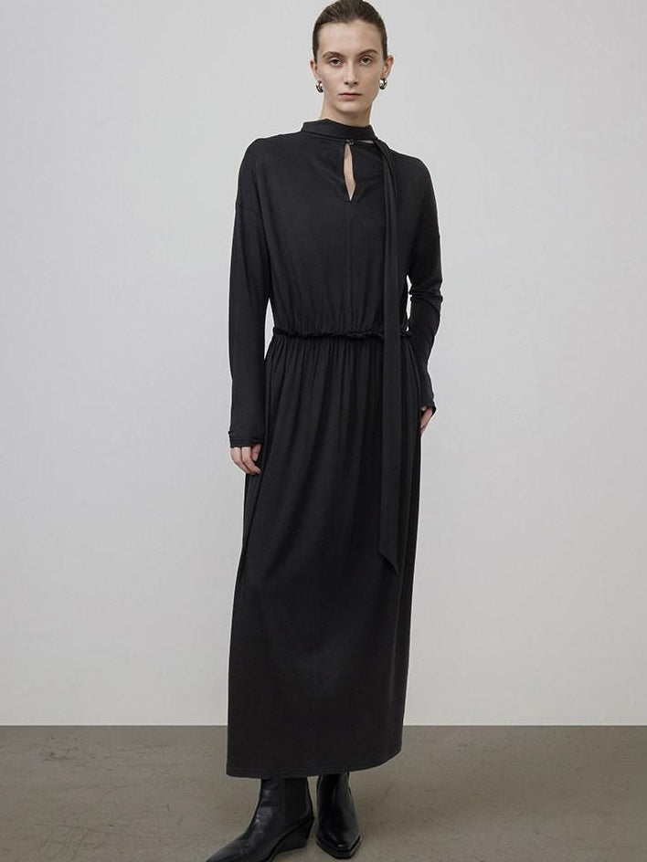 unspoken Minimal Office Pleated Round Neck Elastic Waist Long Sleeve Black Maxi Dresses