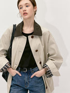fano Patchwork Loose Fit Korean Casual 100 Percent Cotton Green Khaki Short Coat