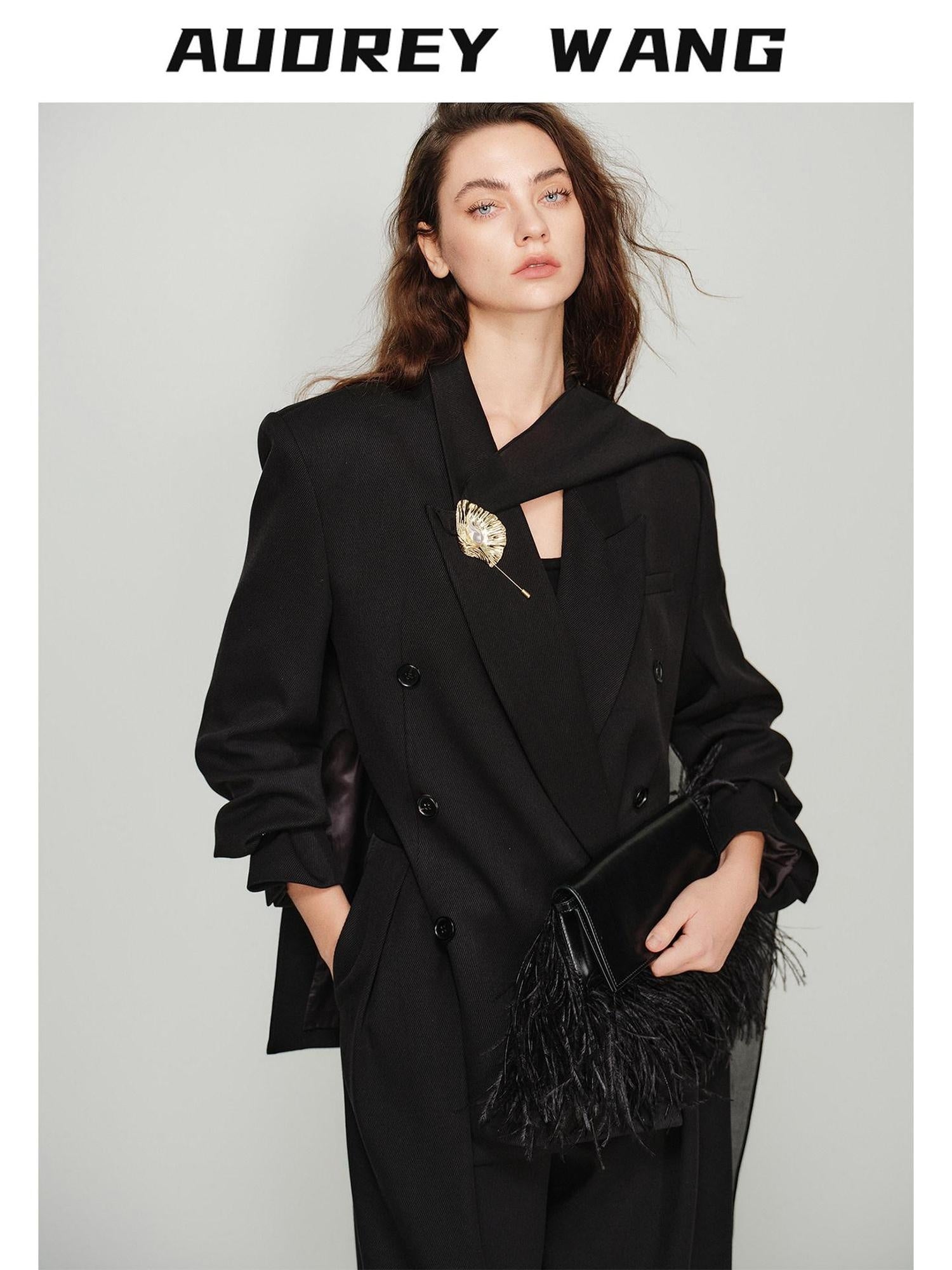 audreyyang Elegant Loose Fit Sash Double Breasted Notch Lapel Black Polyester Blazers