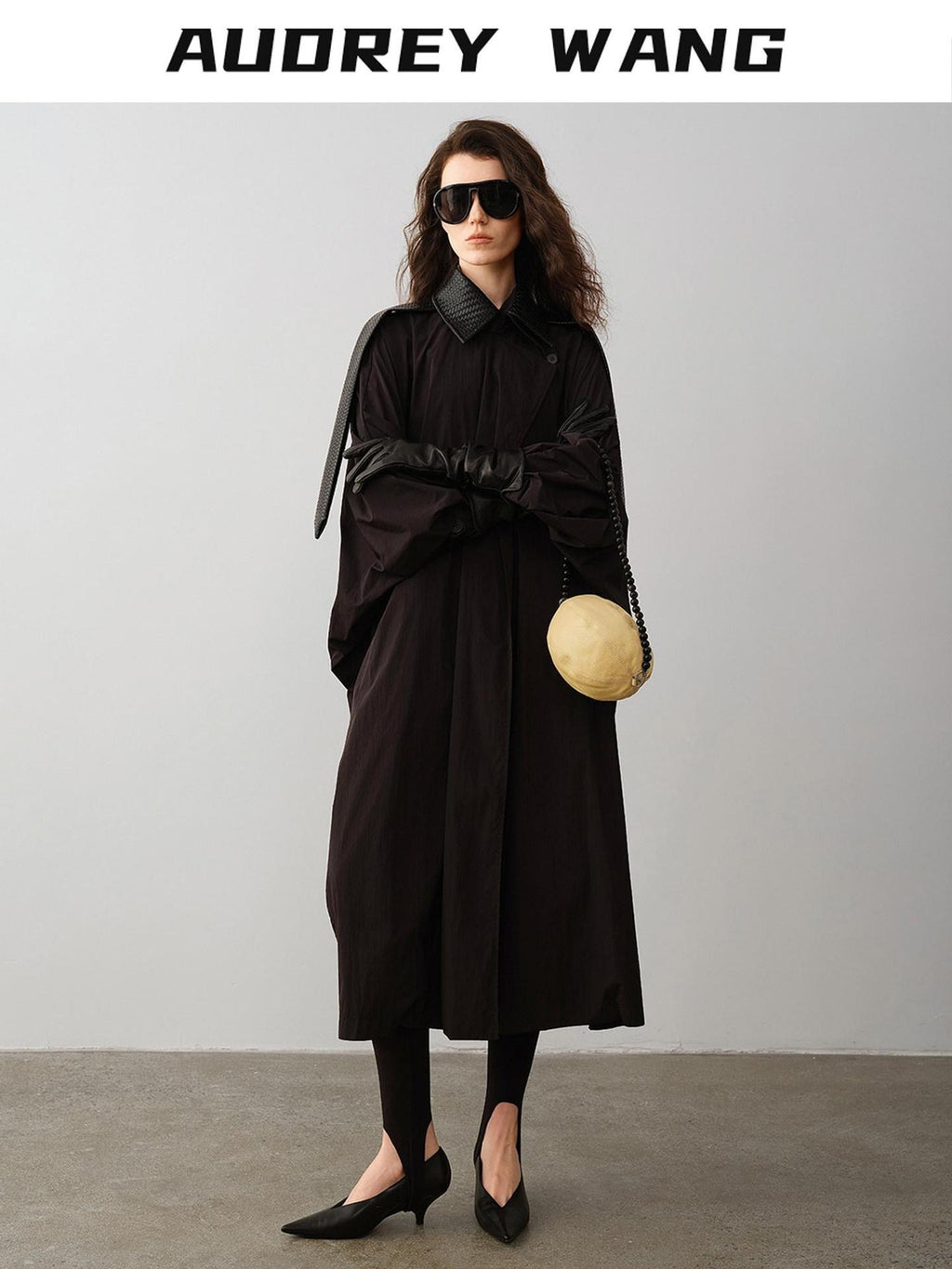 audreyyang Long Polyamide Patchwork Trench Decorative Tabs Women Black Trench Coats