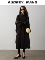 audreyyang Long Polyamide Patchwork Trench Decorative Tabs Women Black Trench Coats