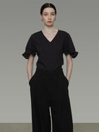 unspoken Breathable Lyocell Minimalist Office Loose V-neck Women Pullover Blouses