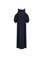 unspoken Slimming Waist A Line Irregular Hem Puff Sleeve City Navy Maxi Dresses