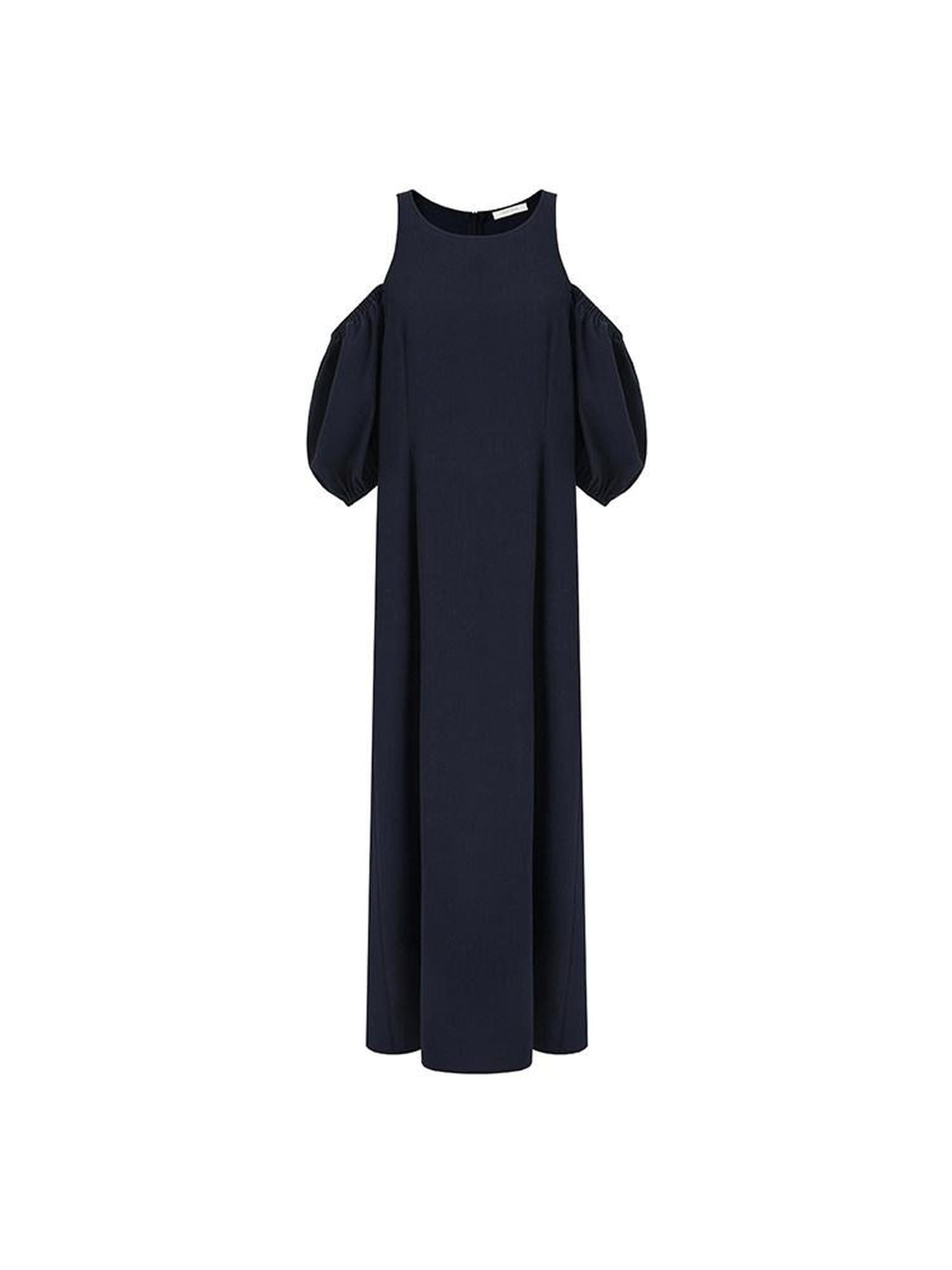 unspoken Slimming Waist A Line Irregular Hem Puff Sleeve City Navy Maxi Dresses