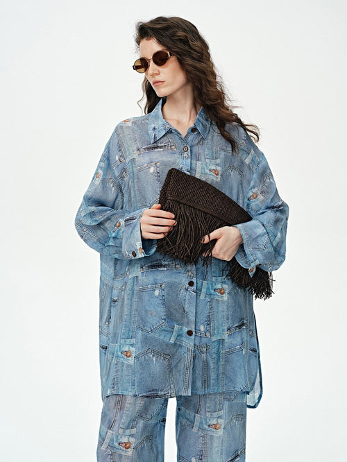 audreyyang Breathable Rayon Loose Fit Lapel Button Floral Denim Top & Pants Sets