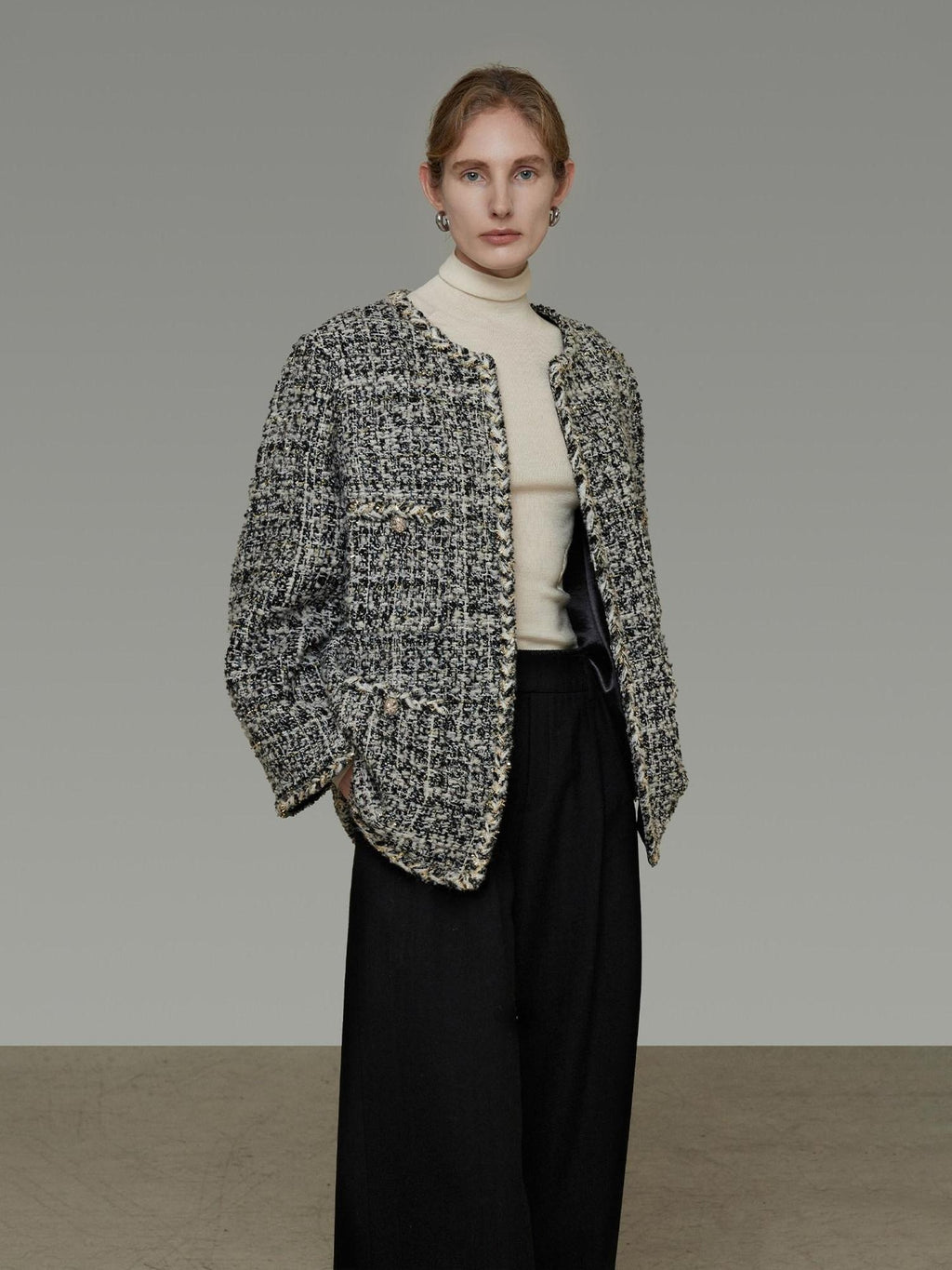 unspoken Warm Wool Blend Houndstooth Loose Fit Simple Commuter Black White Short Coat