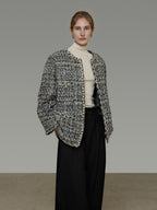 unspoken Warm Wool Blend Houndstooth Loose Fit Simple Commuter Black White Short Coat