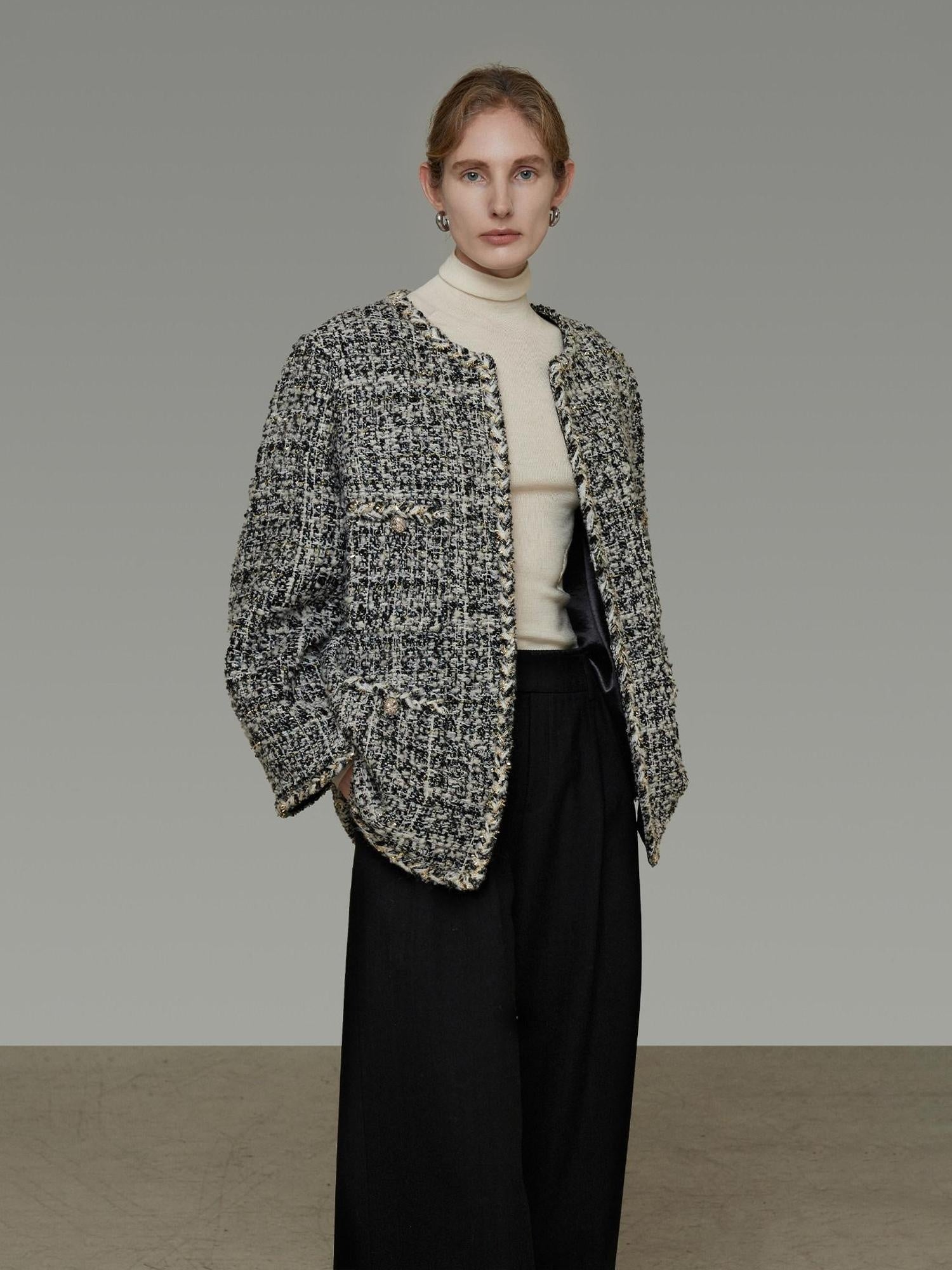 unspoken Warm Wool Blend Houndstooth Loose Fit Simple Commuter Black White Short Coat
