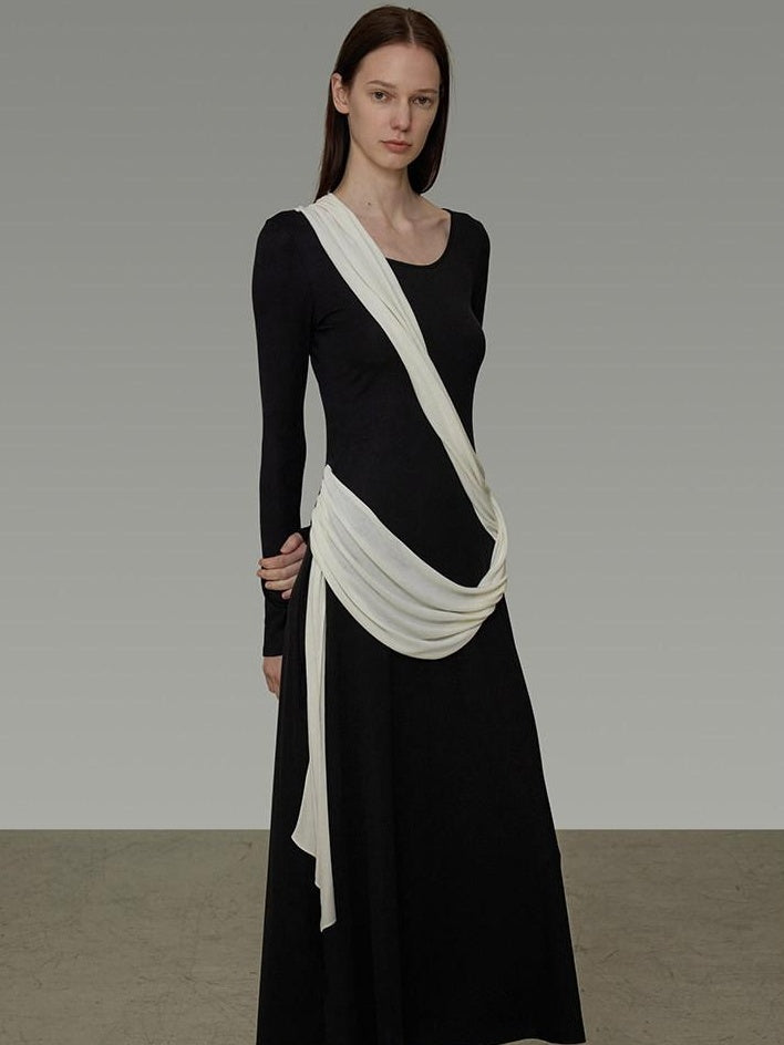 unspoken Slimming High Waist A Line Knit Long Sleeve Workwear Black Women Maxi Dresses