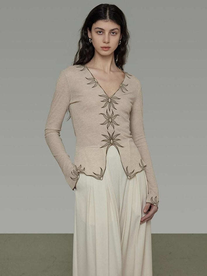 unspoken Embroidered Floral V-neck Slim Fit Bell Sleeve Casual Women Polyester Blouses