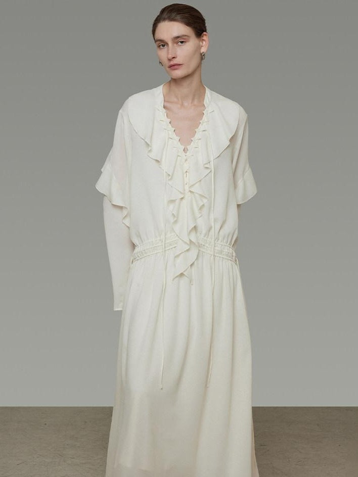unspoken Breathable Minimal Ruffle Long Sleeve Loose H Fit Women Polyester Maxi Dresses