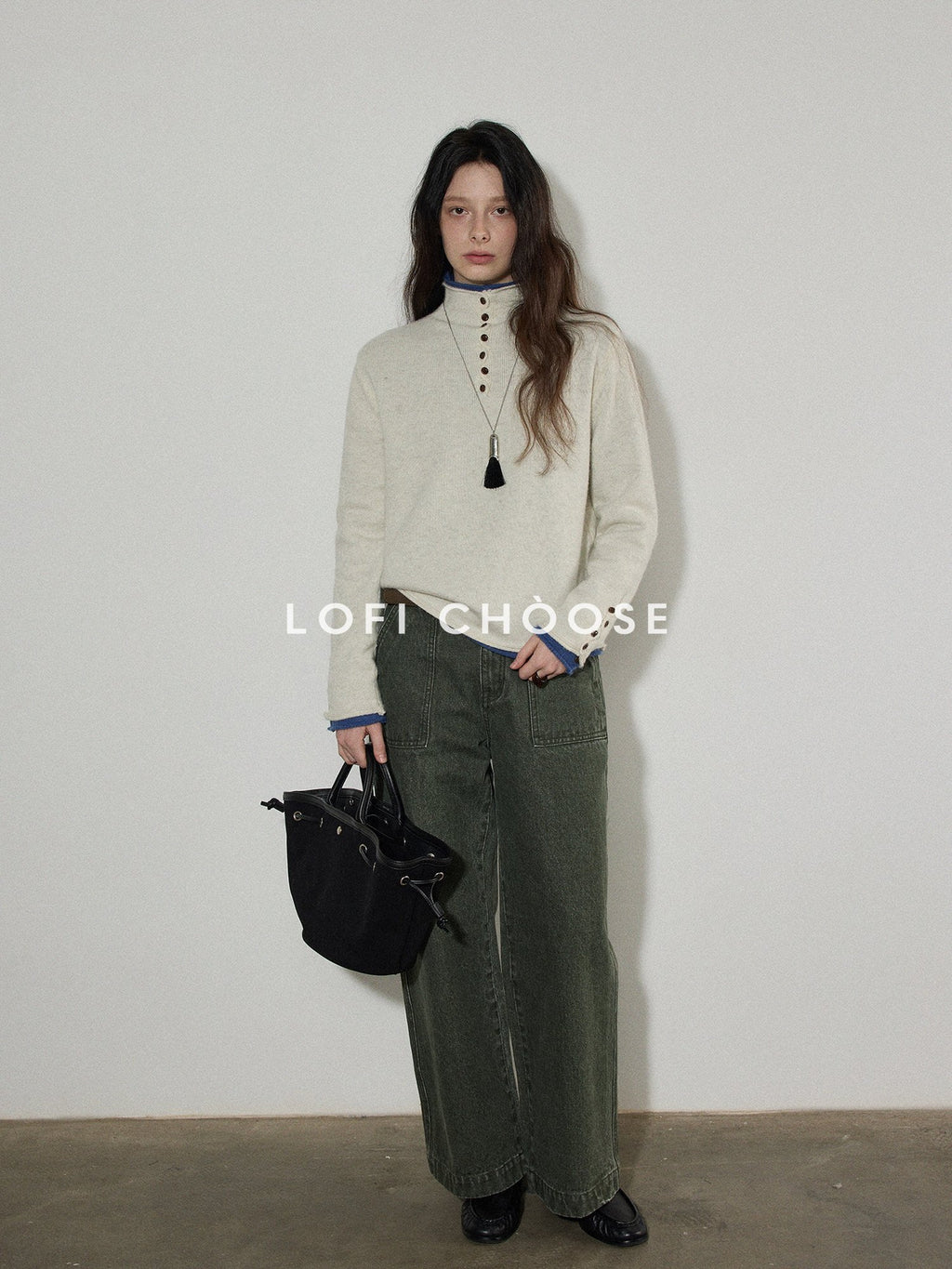 Lofi choose Soft Wool Rabbit Hair Blend Commuter Loose Rolled Hem Turtleneck Women Sweaters