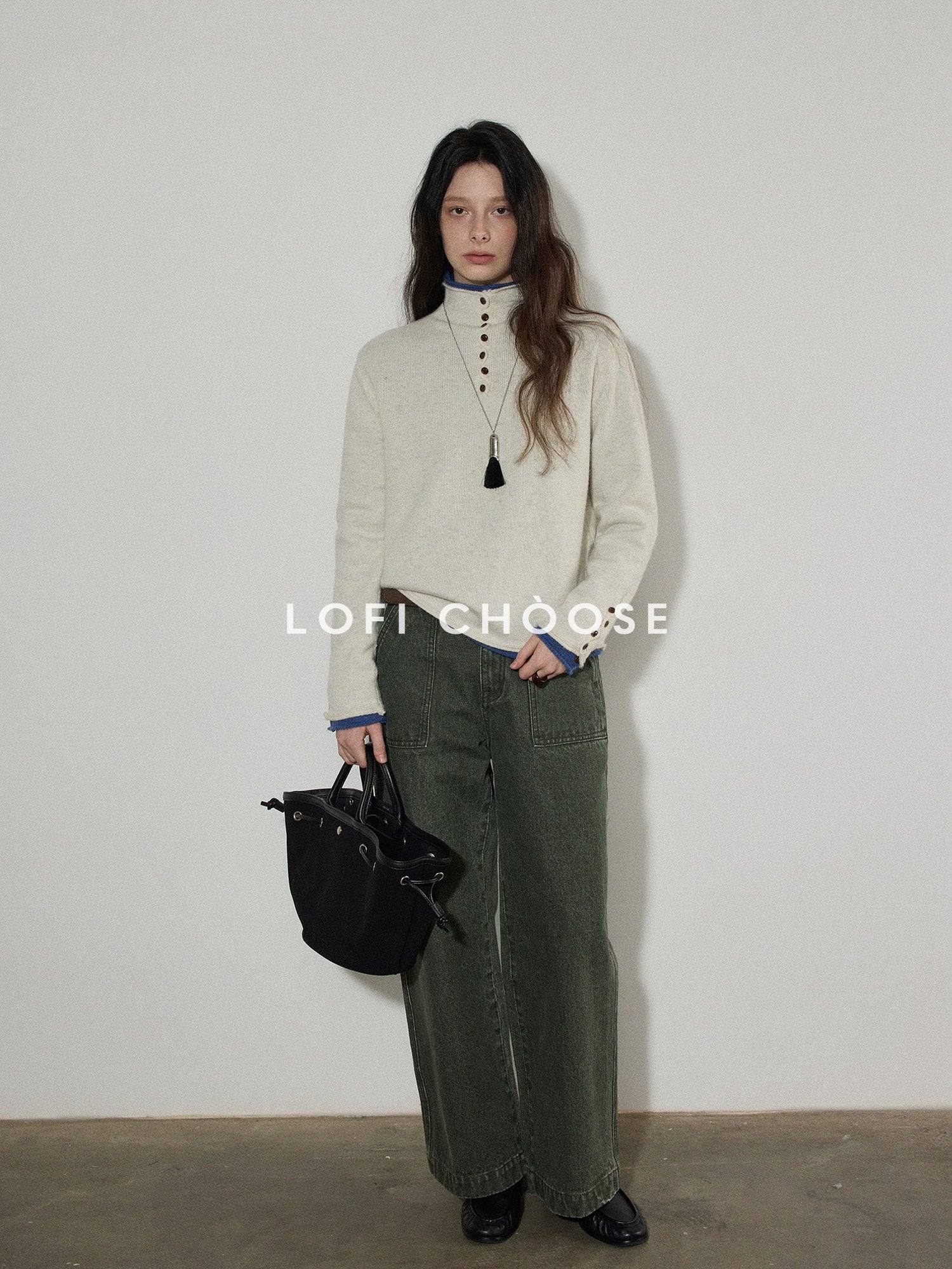 Lofi choose Soft Wool Rabbit Hair Blend Commuter Loose Rolled Hem Turtleneck Women Sweaters