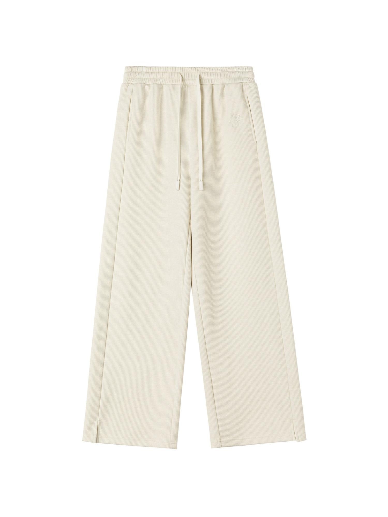 ikyou Embroidered High Waist Minimalist Office Beige Elastic Waist Wide Leg Pants