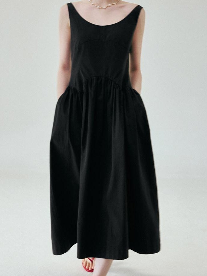 fano Pure Cotton U Neck Sleeveless A Line Korean Office Dress Women Black Maxi Dresses