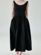 fano Pure Cotton U Neck Sleeveless A Line Korean Office Dress Women Black Maxi Dresses