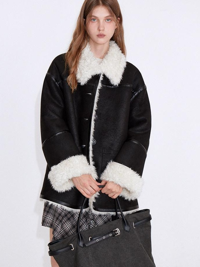 fano Contrast Color Trim Casual Loose Fit Lapel Collar Women Daily Black Short Coat