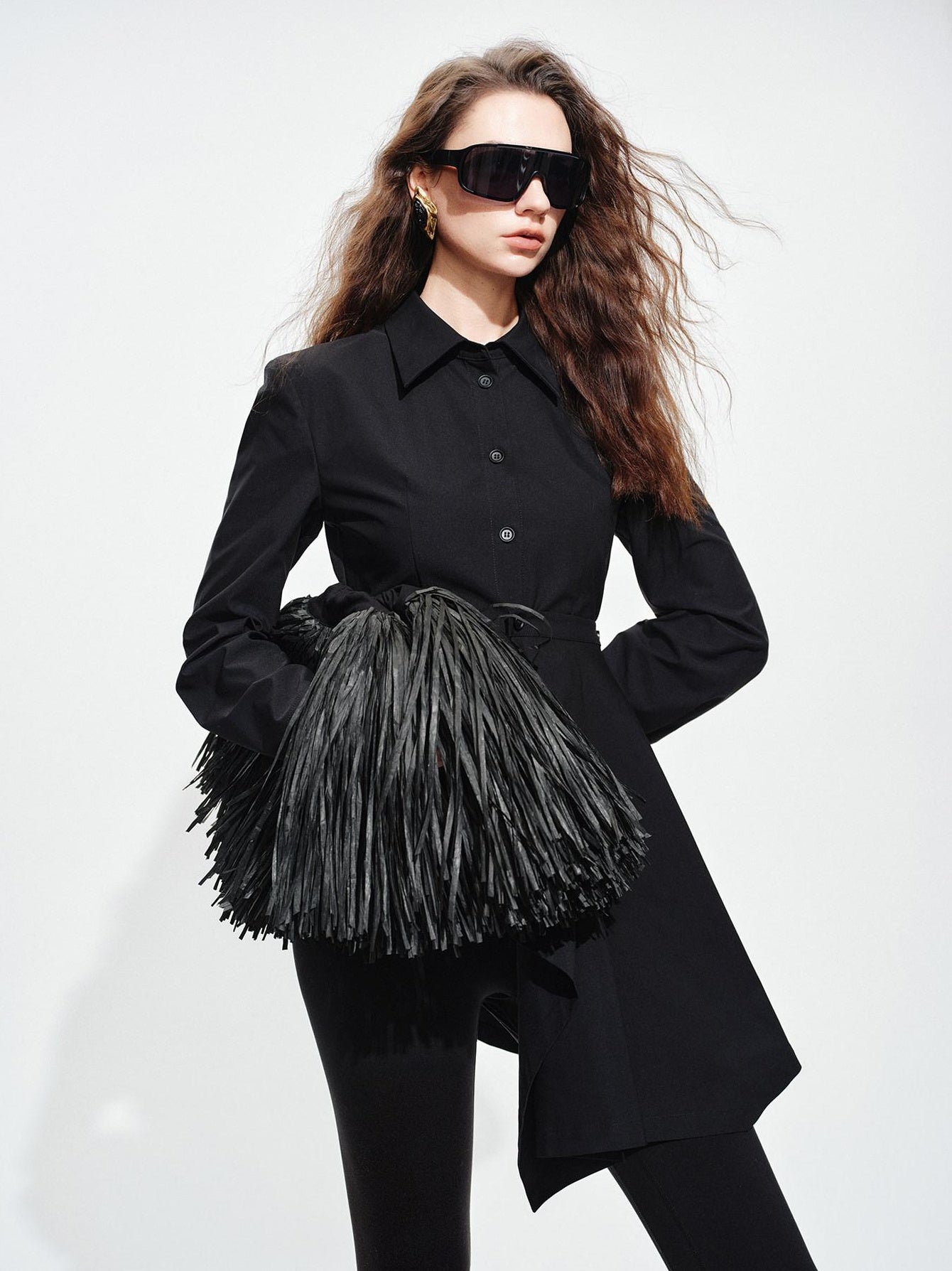 audreyyang Vintage Loose Square Neck Long Sleeve Midi Cardigan Black Polyester Blouses