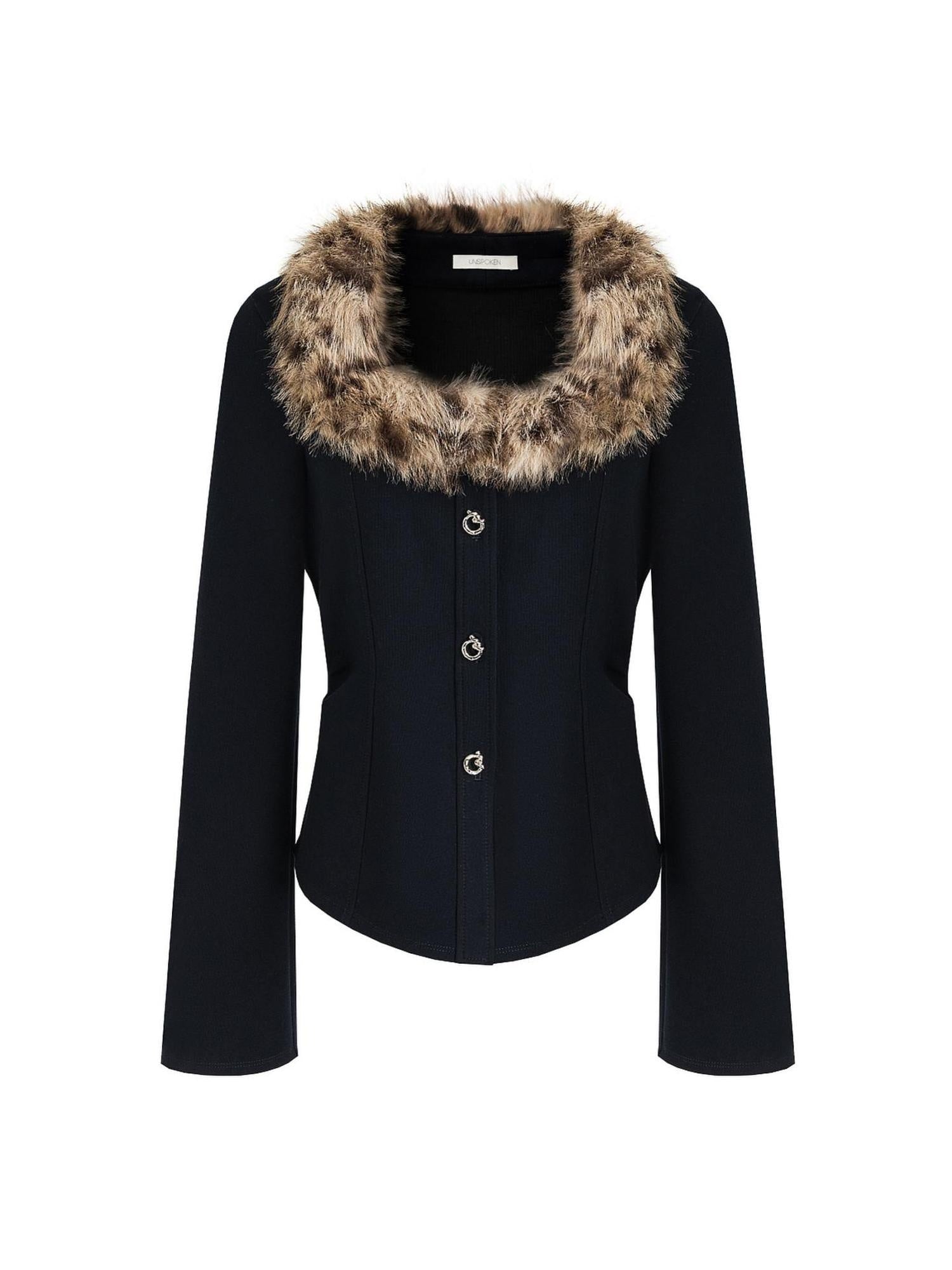unspoken Warm Fur Collar Slim Cropped Workwear Women Cotton Leopard Navy Cardigans