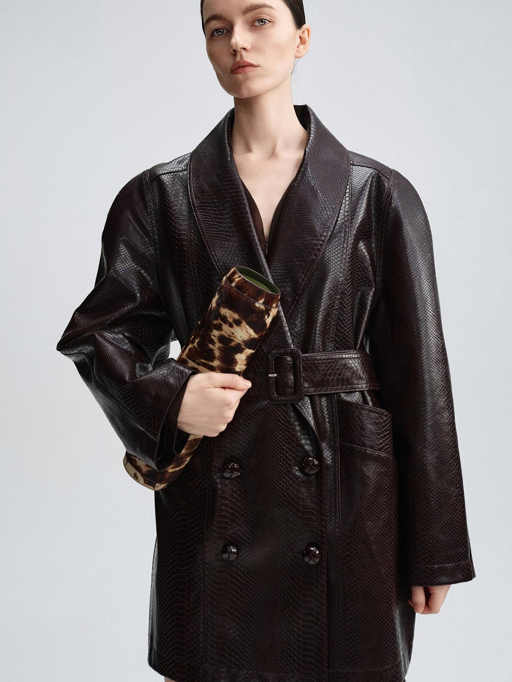audreyyang Thick Vintage Croc Embossed Doublebreasted Midlength Women Pu Leather Jackets