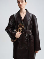 audreyyang Thick Vintage Croc Embossed Doublebreasted Midlength Women Pu Leather Jackets