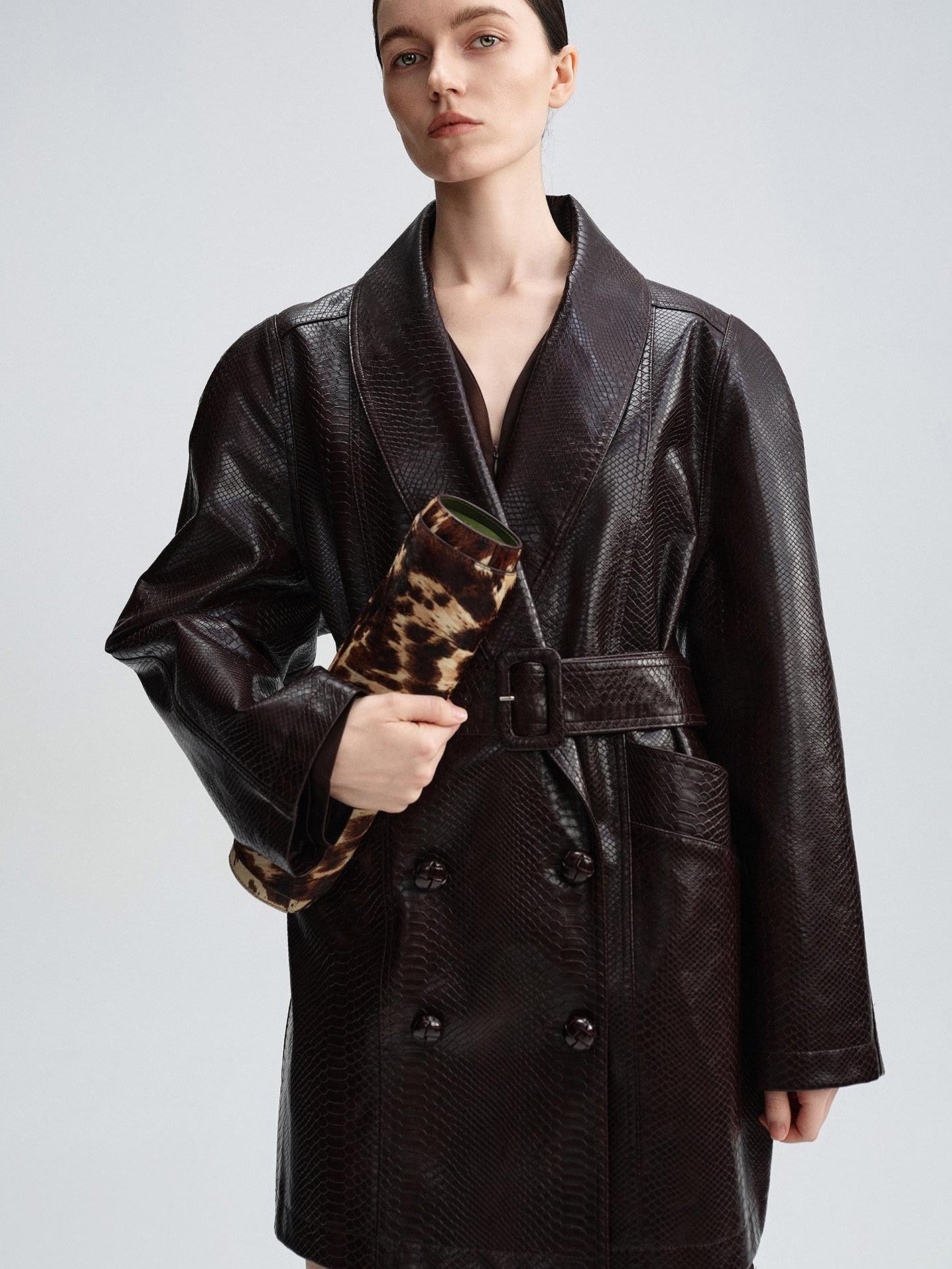 audreyyang Thick Vintage Croc Embossed Doublebreasted Midlength Women Pu Leather Jackets