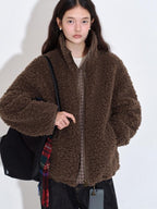 fano Warm Lambswool Plaid Stand Collar Zip Loose Fit Casual Women Brown Short Coat