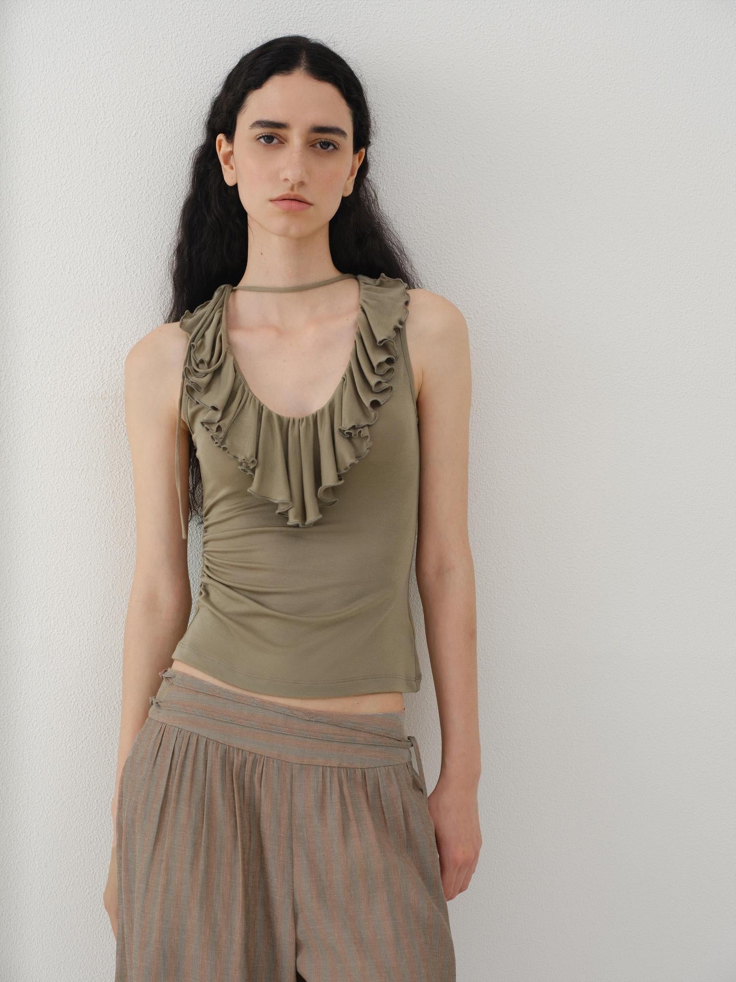 someonesometimes Light Lyocell Slim Ruffle Tie Cami Workwear Women Olive Green Tank Tops