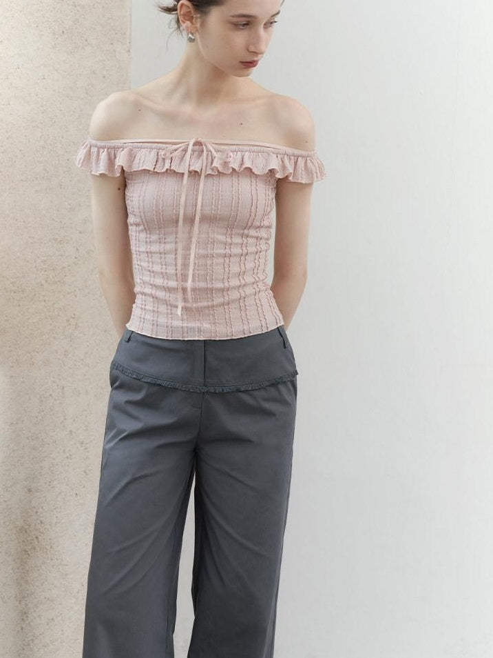 someonesometimes Lace Tie Slim Fit Short Solid Mauve Cream Daily Chic Off Shoulder Crop Tops