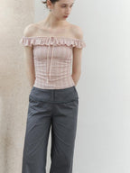 someonesometimes Lace Tie Slim Fit Short Solid Mauve Cream Daily Chic Off Shoulder Crop Tops
