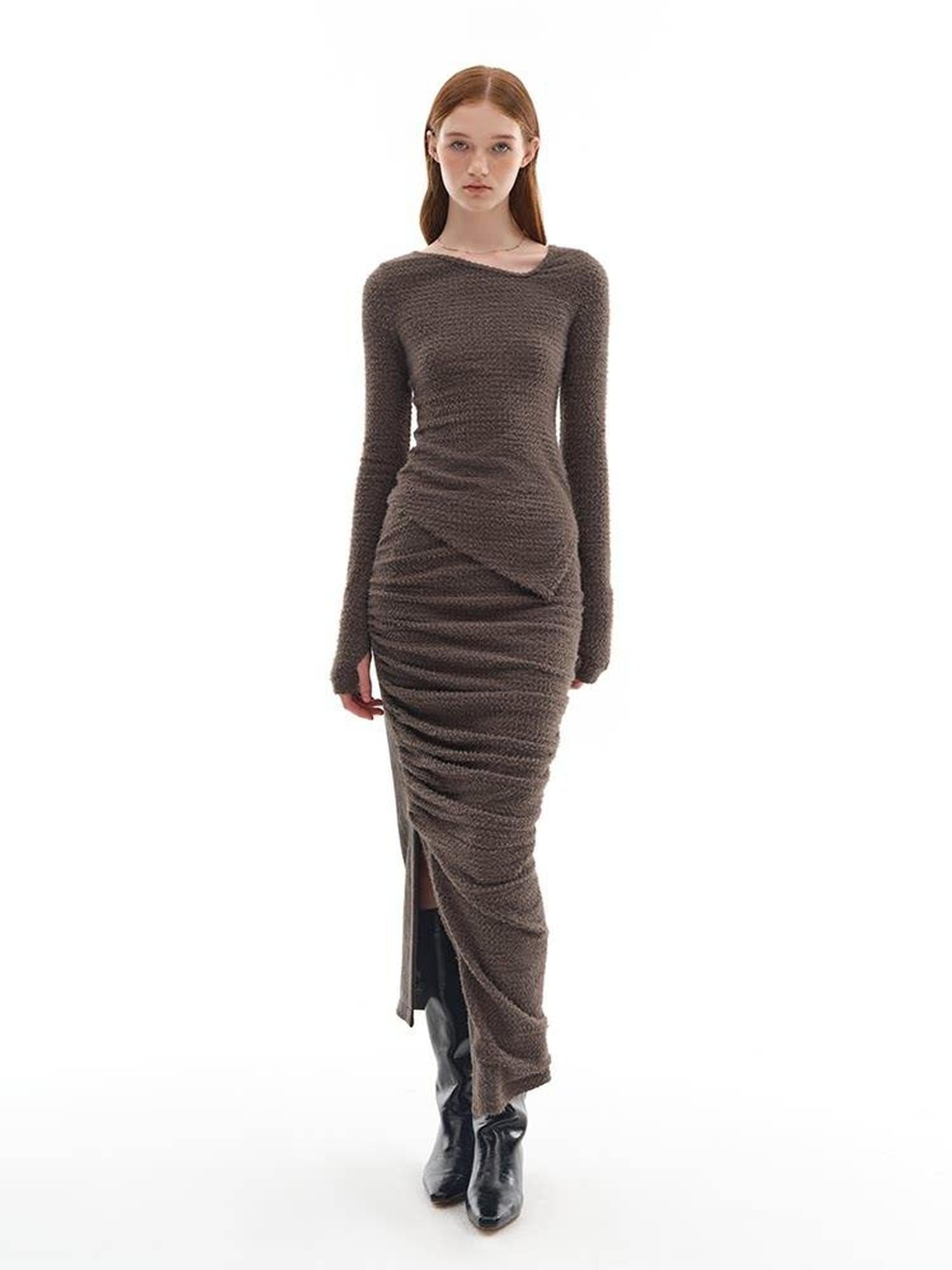 someone sometimes Slim Knit Minimal Casual Crewneck Long Sleeve Women Gray Top & Skirt Sets