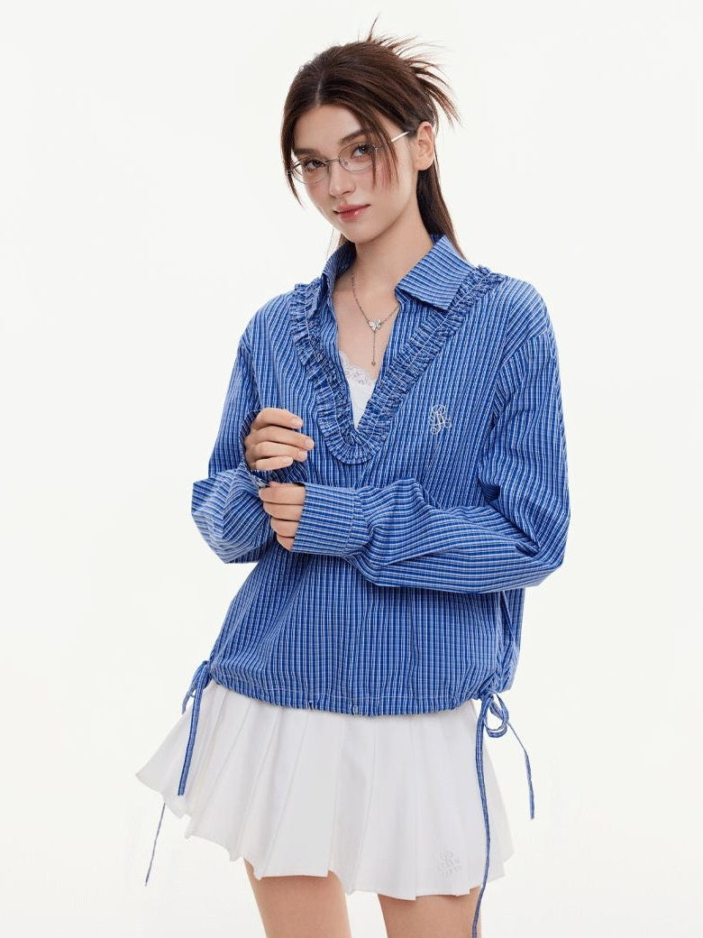 ikyou Slimming Stain Resistant Casual Loose V-neck Embroidered Plaid Commuter Blouses