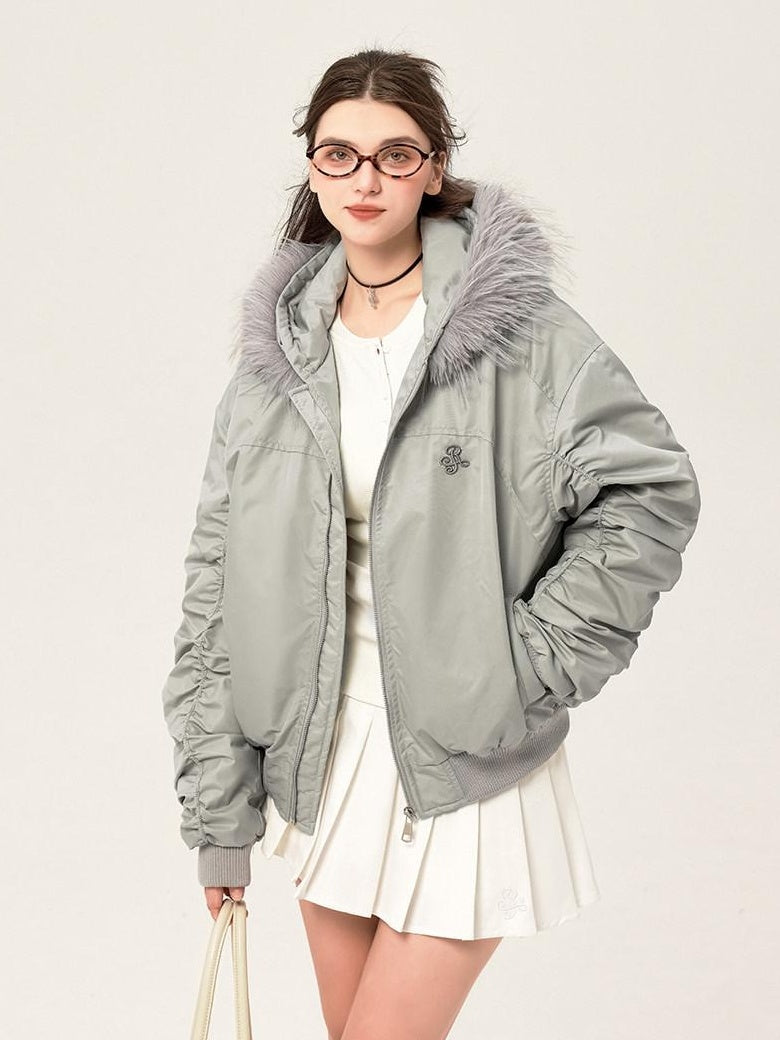 ikyou Insulated Fur Trim Hood Minimalist Straight Cut Urban Warm Nylon Puffer Jackets
