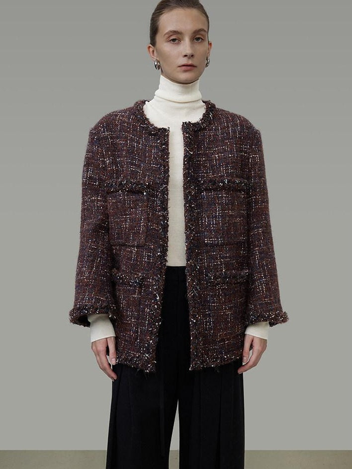 unspoken Warm Wool Blend Button Front Round Neck Relaxed Fit Office Women Short Coat
