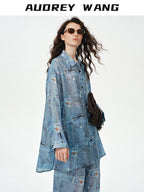 audreyyang Breathable Rayon Loose Fit Lapel Button Floral Denim Top & Pants Sets