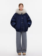 ikyou 90 Percent White Duck Down Oversized Korean Hooded Fur Collar Navy Down Jackets