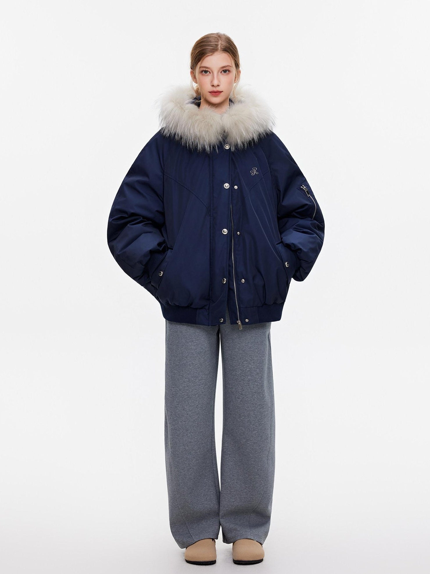 ikyou 90 Percent White Duck Down Oversized Korean Hooded Fur Collar Navy Down Jackets