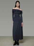 unspoken High Stretch Slim Knit Boat Neck Long Sleeve Dark Gray Office Top & Skirt Sets
