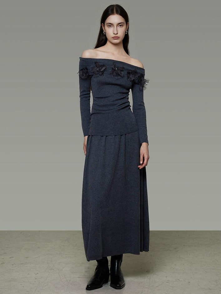 unspoken High Stretch Slim Knit Boat Neck Long Sleeve Dark Gray Office Top & Skirt Sets