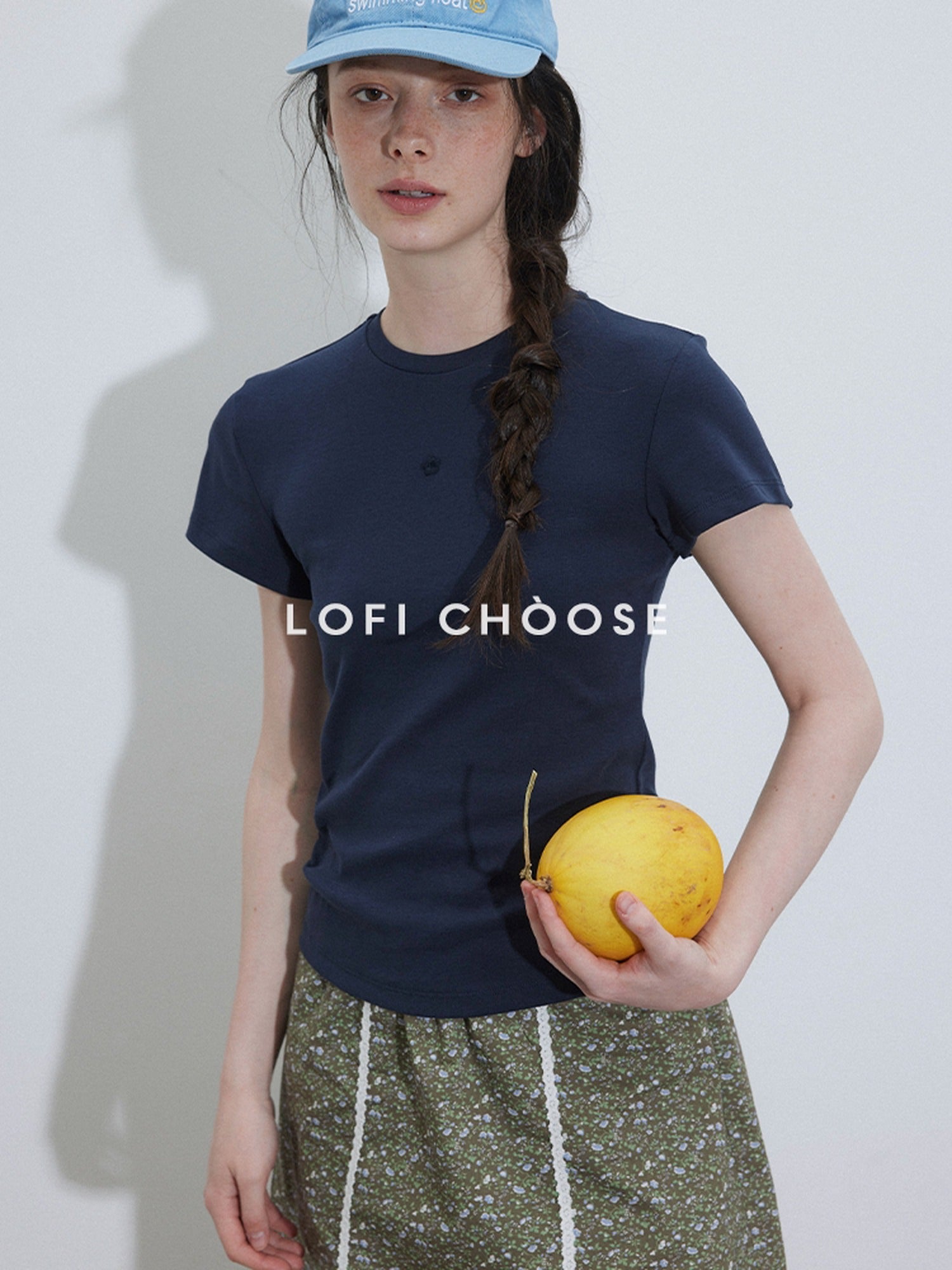 Lofi choose Embroidered Loose Fit Round Neck Office Women Purple Navy Short Sleeve T-Shirts
