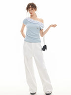 ikyou Wrinkle Free Ruffle Slim Asymmetric Neck Women Solid Blue Short Sleeve T-Shirts
