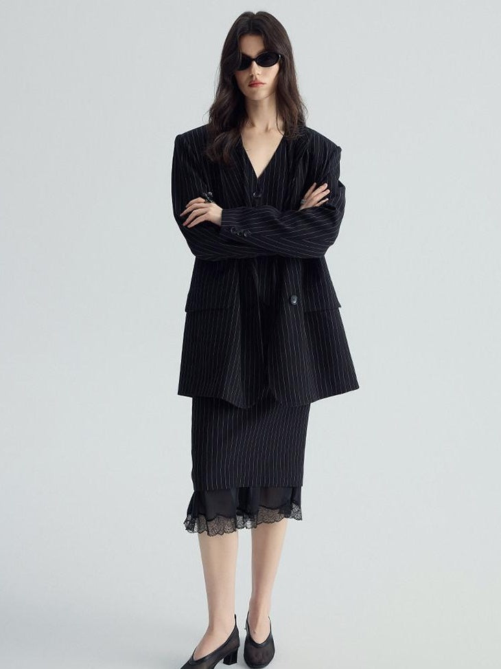 audreyyang Original Design Relaxed Fit Double Breasted Women Black Polyester Blazers