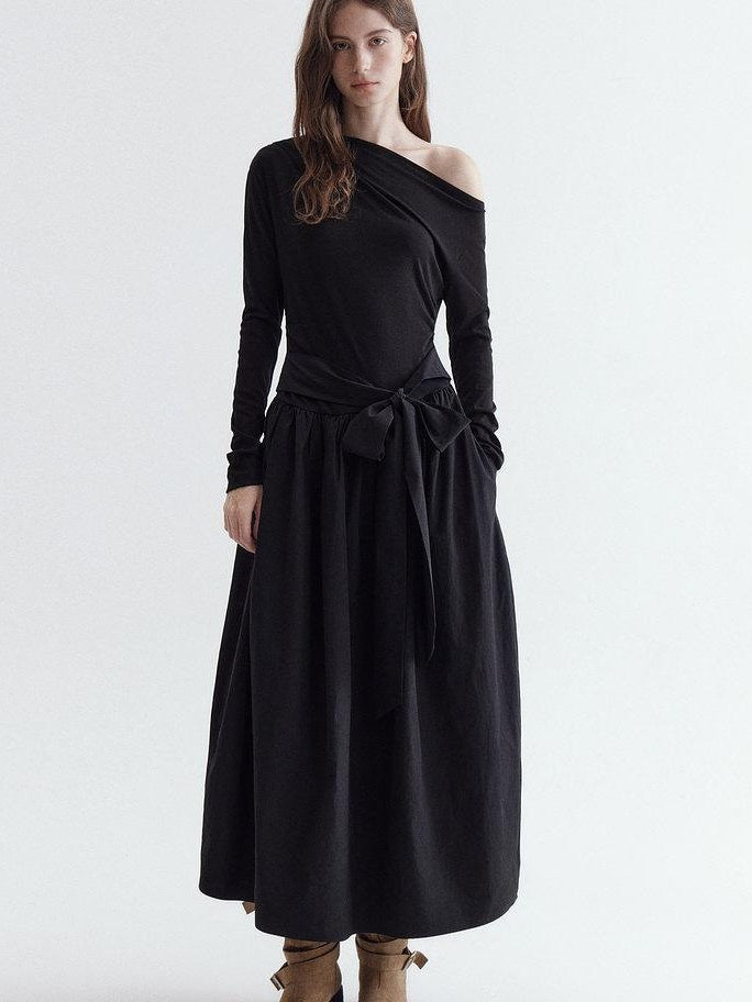 fano Viscose Blend Asymmetric Neck A Line Long Sleeve Workwear Women Maxi Dresses