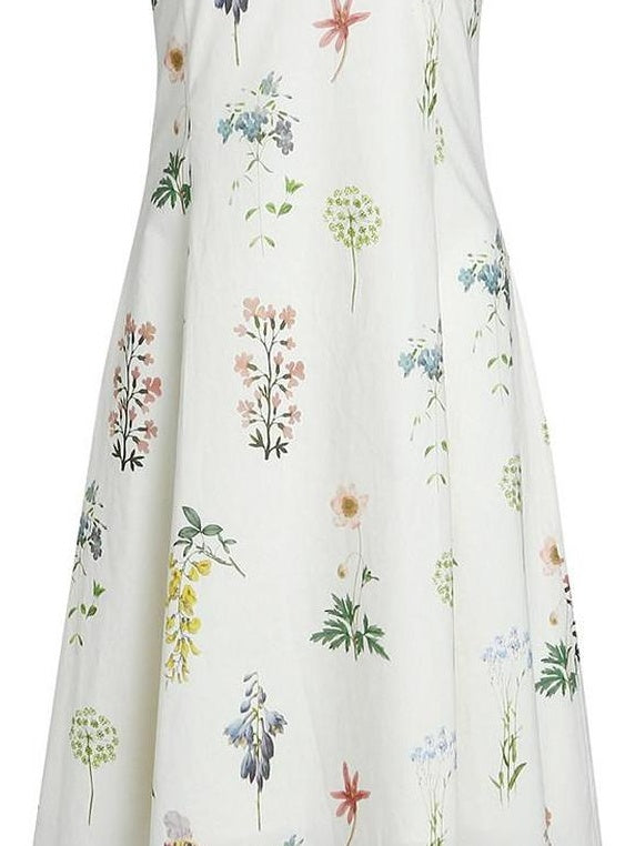fano Cotton High Waist A Line V-neck Short Sleeve Floral Ivory Korean Maxi Dresses
