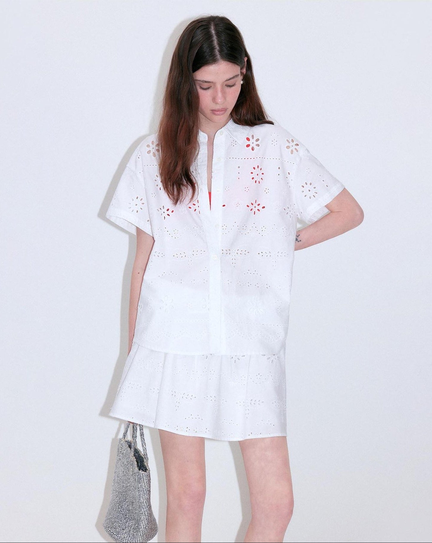 fano Pure Cotton Uv Korean Office Straight Short Sleeve Crew Neck Button Blouses